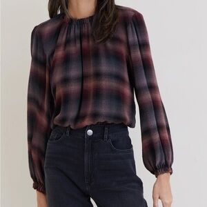 Bella Dahl long sleeve smocked necked pullover top in canyon pucker plaid